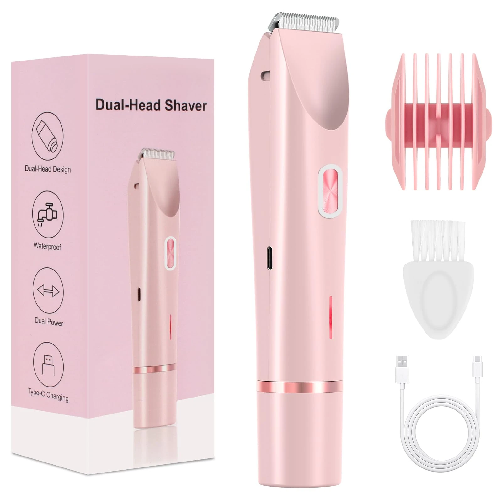 Lady Shaver for Women – 2-in-1 Bikini Trimmer & Razor, 5400 RPM Rechargeable, USB-C, Wet & Dry Use, Electric Razor for Women Legs, Body & Intimate Areas, Pink