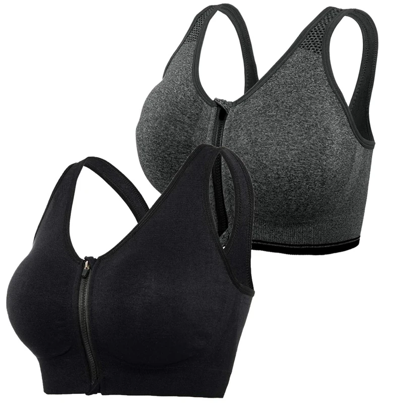 DODOING Zip Front Sports Bra Post Surgery Bra Yoga Bra Workout Fitness Activewear Racerback Padded Extra Support Seamless Bras for Women（2PCS）