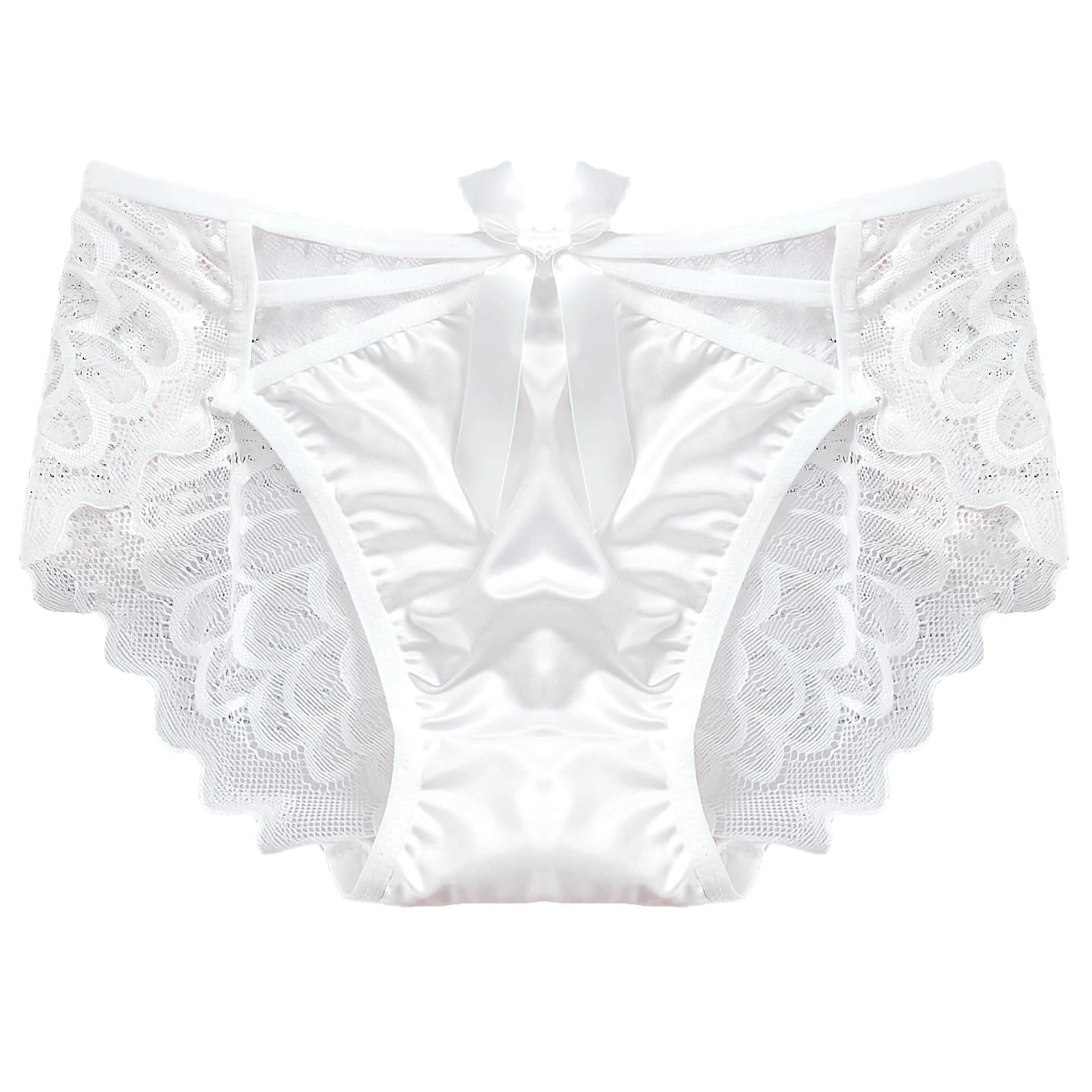 ZooChest Satin Knickers Panties for Women Sexy Lace Underwear White Bridal Lingerie Briefs Low Rise Bow Criss Cross Sheer Seamless Knickers for Women L
