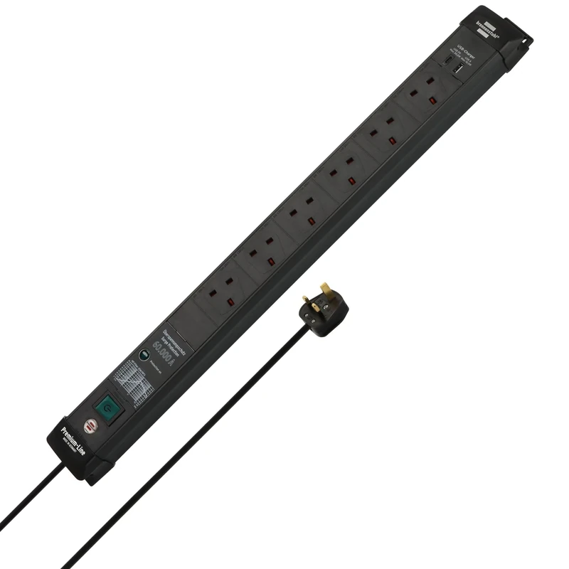 Brennenstuhl Premium-Line Power Strip 6-fold with overvoltage protection up to 60,000A and USB ports (Extension Lead with 3m cable, 1x USB A and 1x USB C port, mountable, Made in Germany) black