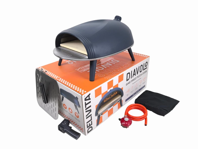 DeliVita Diavolo Gas-Fired Portable Pizza Oven – Powered by Propane, Butane or Camping Bottles, Includes Accessories - Folding Peel, Carry Case, Temperature Gun, Camping Regulator and Gas Regulator