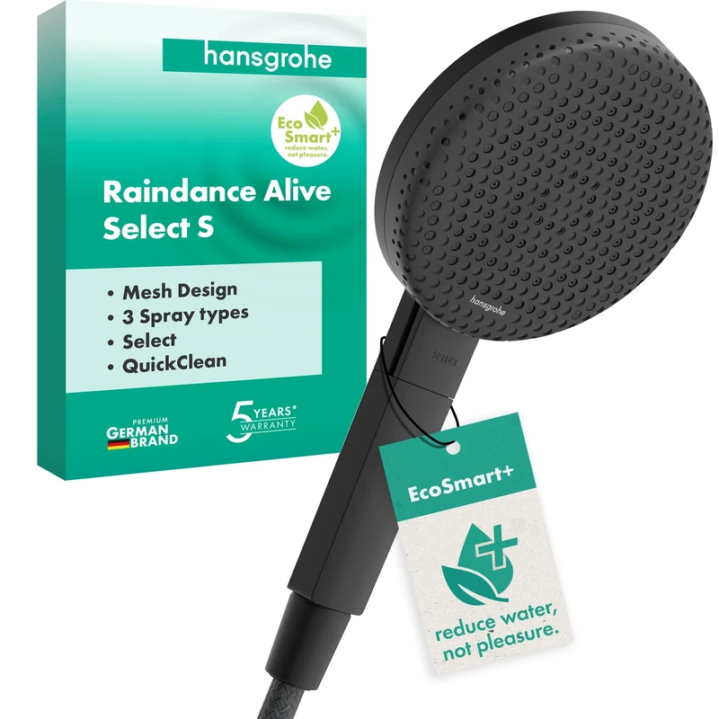 hansgrohe Raindance Alive Select S - Water-Saving Shower Head 5,7 l/min (EcoSmart+), Hand Shower Round (125 mm) with 3 Sprays (incl. PowderRain), with Anti-limescale Function, matt Black, 24512670