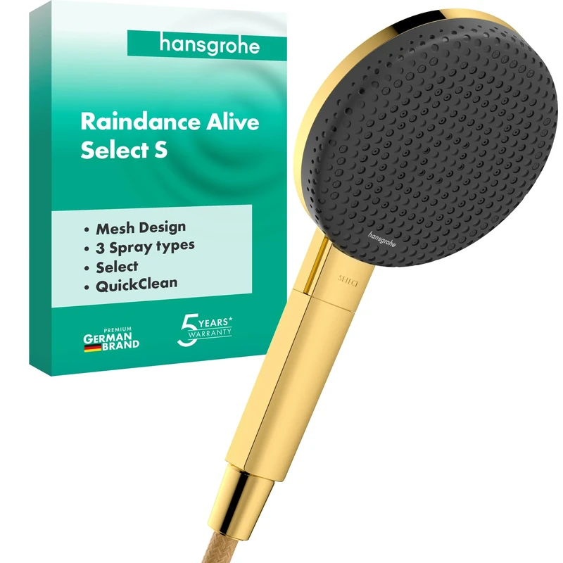 hansgrohe Raindance Alive Select S - Shower Head, Hand Shower Round (125 mm) with 3 Sprays (incl. PowderRain), with Anti-limescale Function, Polished Gold Optic, 24500990