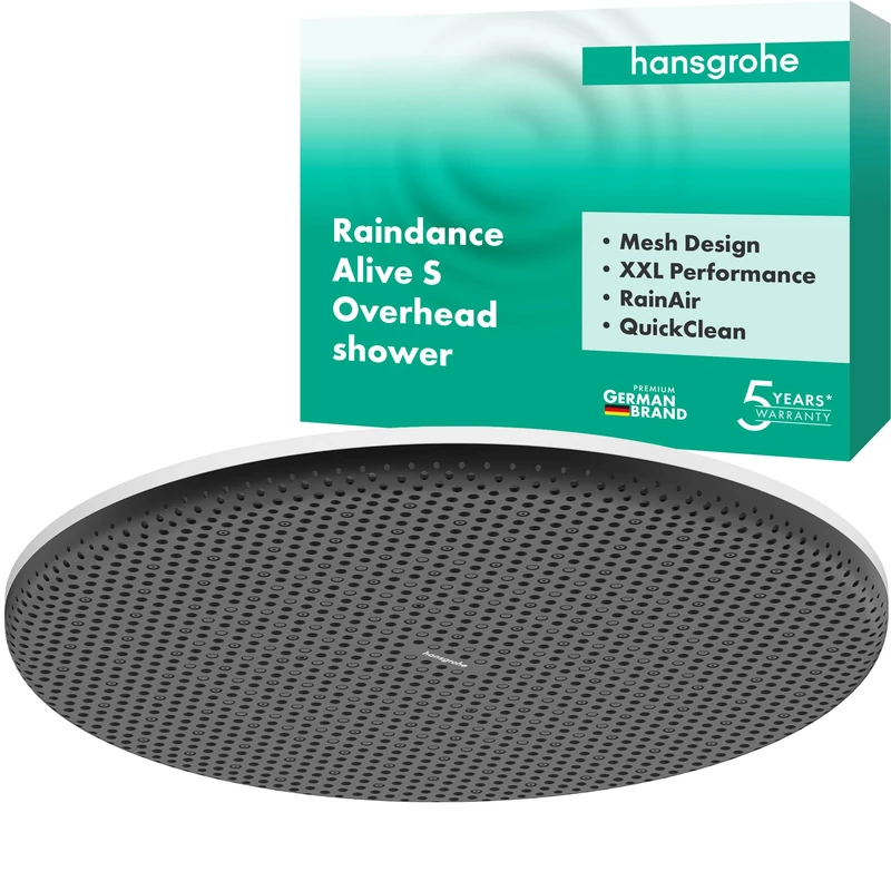 hansgrohe Raindance Alive S - Head Shower, Shower Head Round (300 mm), Rainfall Shower Head 1 Spray (PowderRain) for Wall or Ceiling mounting, Anti-limescale, matt White, 24520700