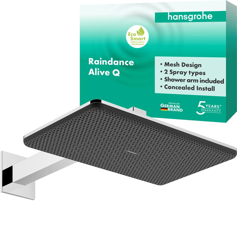 hansgrohe 24551000 Raindance Alive Q Overhead 210/340 2jet EcoSmart with Shower arm, Chrome, 1 wassersparende Strahlart 6,6 l/min