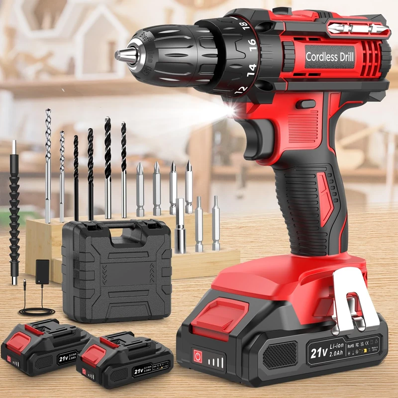 MHPRO Cordless Drill, Power Drill 21V, Electric Drill Set 42N.m with 2 Batteries 2.0Ah, 10mm Chuck, 2 Speeds, 18+1 Torque, LED Light, 14pcs Drill Set for Garden DIY Project, Red