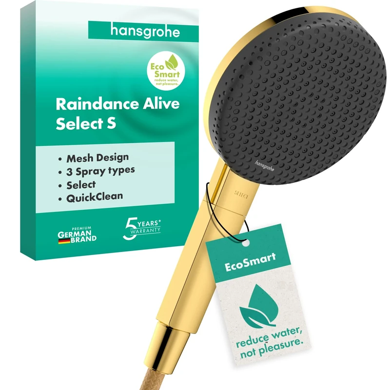 hansgrohe Raindance Alive Select S - Water-Saving Shower Head 7,1 l/min (EcoSmart), Hand Shower Round with 3 Sprays (incl. PowderRain), with Anti-limescale Function, Polished Gold Optic, 24511990