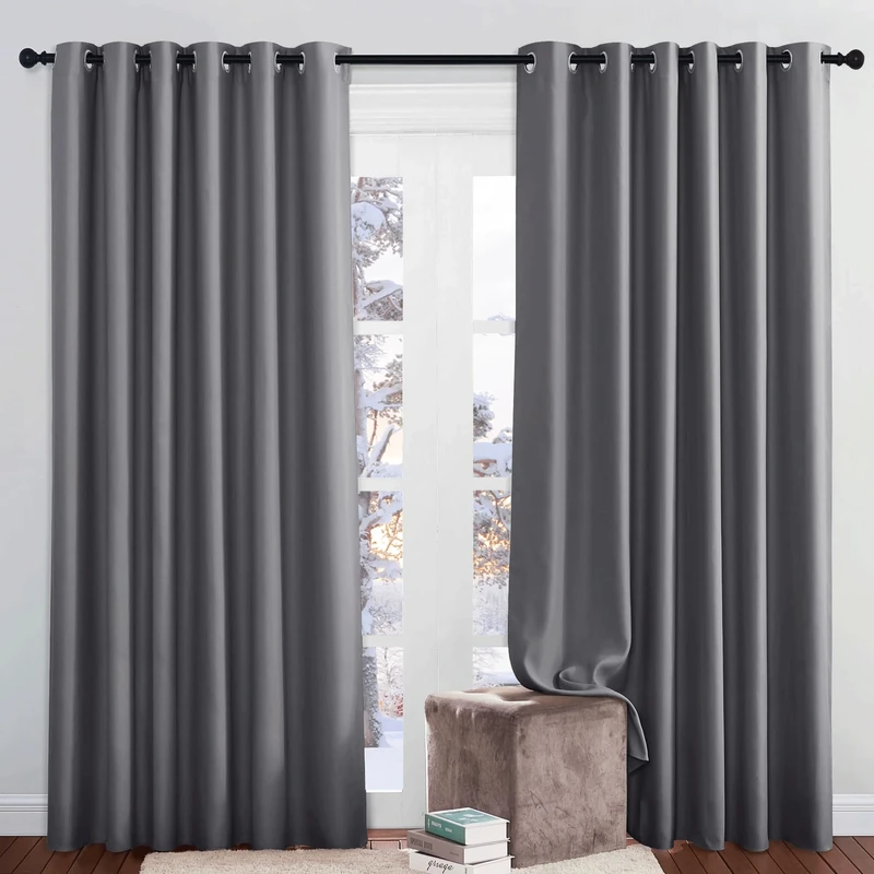 PONY DANCE Extra Wide Grey Blackout Curtains 108 Inch Drop for Living Room Thermal Black Out Curtains Eyelet for Bedroom/Hotel/Cafeteria/Lounge Drapes, 2 Panels, W80 x L108 Inch, Grey