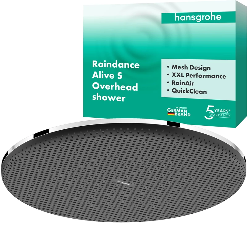 hansgrohe Raindance Alive S - Head Shower, Shower Head Round (300 mm), Rainfall Shower Head 1 Spray (PowderRain) for Wall or Ceiling mounting, Anti-limescale, Chrome, 24520000