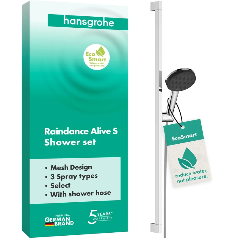 Hansgrohe 24601000 Raindance Alive Select S Set 125 3jet EcoSmart bar Unica E Puro 90 cm and Easy Slide Hand Shower Holder, Chrome