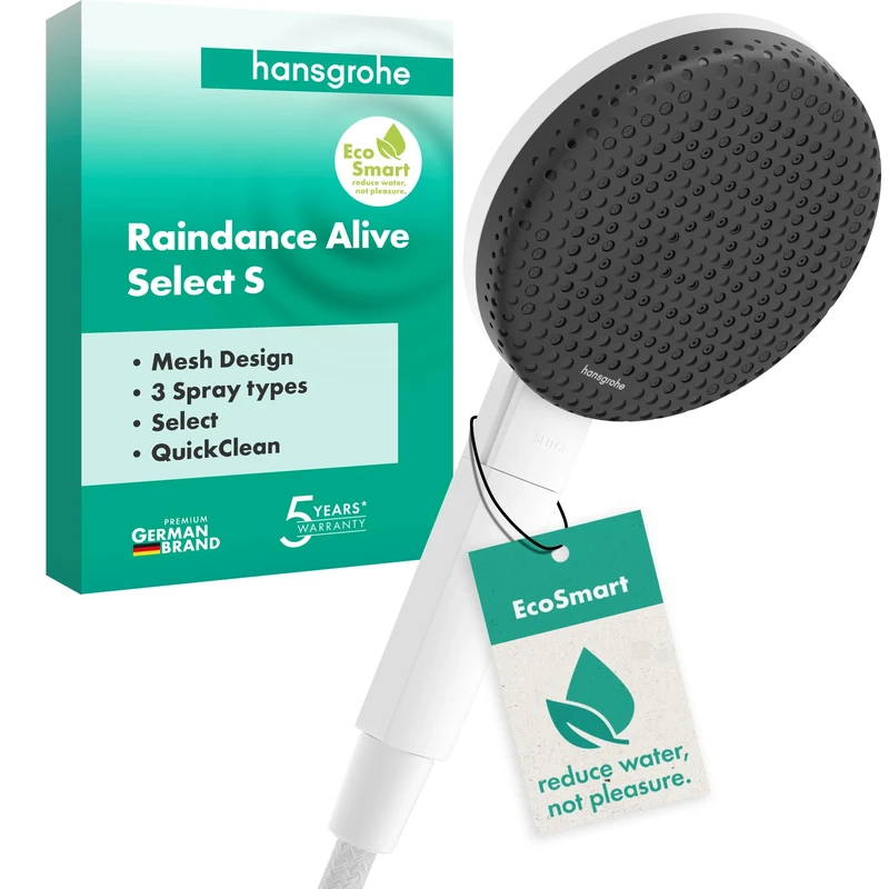 hansgrohe Raindance Alive Select S - Water-Saving Shower Head 7,1 l/min (EcoSmart), Hand Shower Round (125 mm) with 3 Sprays (incl. PowderRain), with Anti-limescale Function, matt White, 24511700