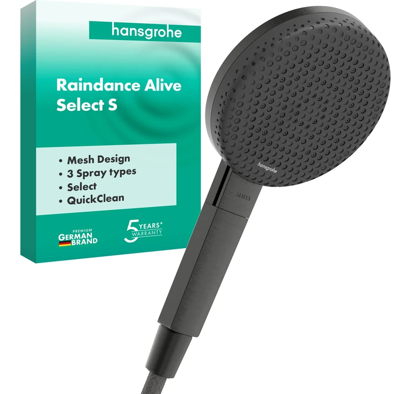 hansgrohe Raindance Alive Select S - Shower Head, Hand Shower Round (125 mm) with 3 Sprays (incl. PowderRain), with Anti-limescale Function, Brushed Black Chrome, 24500340