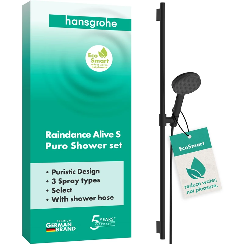hansgrohe 24603670 Raindance Alive Select Set 125 3jet EcoSmart with Shower bar Unica S Puro 90 cm, Matt Black