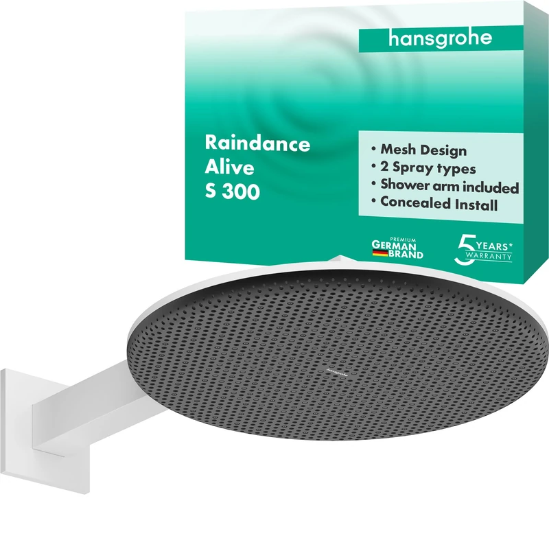 hansgrohe Raindance Alive S - Head Shower with Shower arm, Shower Head Round (300 mm), Rainfall Shower Head 2 Sprays (incl. PowderRain) for Wall mounting, Anti-limescale, matt White, 24540700