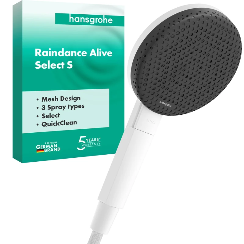 hansgrohe Raindance Alive Select S - Shower Head, Hand Shower Round (125 mm) with 3 Sprays (incl. PowderRain), with Anti-limescale Function, matt White, 24500700