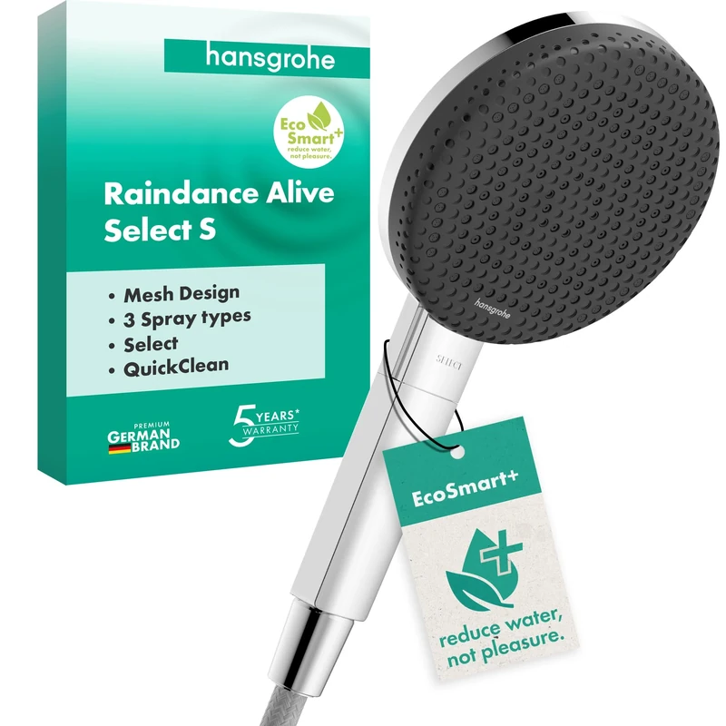 hansgrohe Raindance Alive Select S - Water-Saving Shower Head 5,7 l/min (EcoSmart+), Hand Shower Round (125 mm) with 3 Sprays (incl. PowderRain), with Anti-limescale Function, Chrome, 24512000