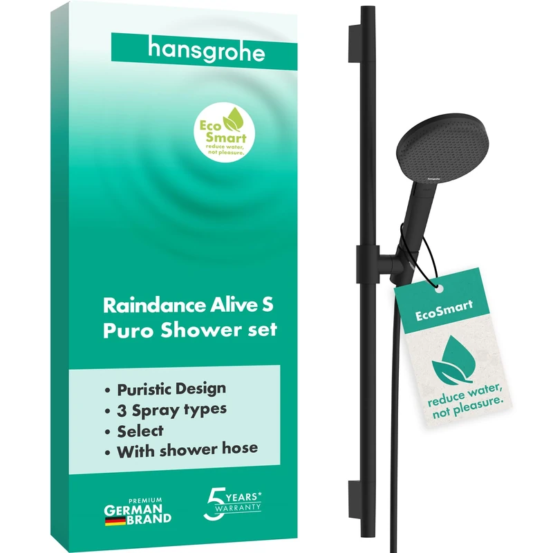 hansgrohe 24602670 Raindance Alive Select Set 125 3jet EcoSmart with Shower bar Unica S Puro 65 cm, Matt Black