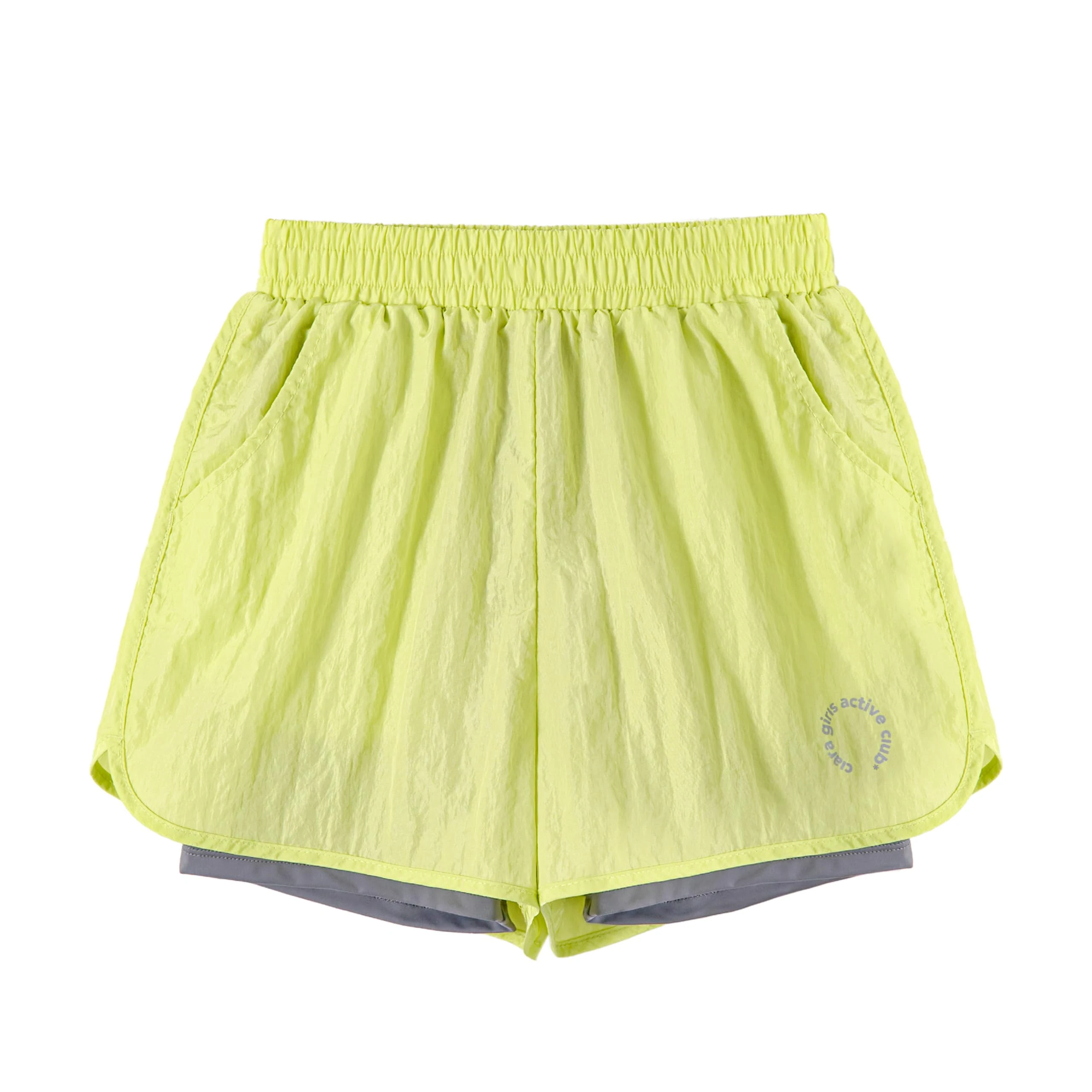 Rolanko Girls Sports Shorts 2 in 1 Athletic Running Cycling Gym Active Summer Jogger Shorts with Pockets, Neon Yellow, Size: 6-7 Years/130