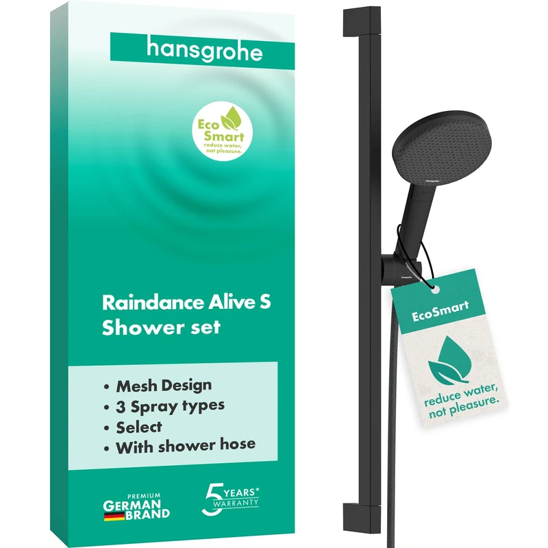 Hansgrohe 24600670 Raindance Alive Select S Set 125 3jet EcoSmart bar Unica E Puro 65 cm and Easy Slide Hand Shower Holder, matt Black