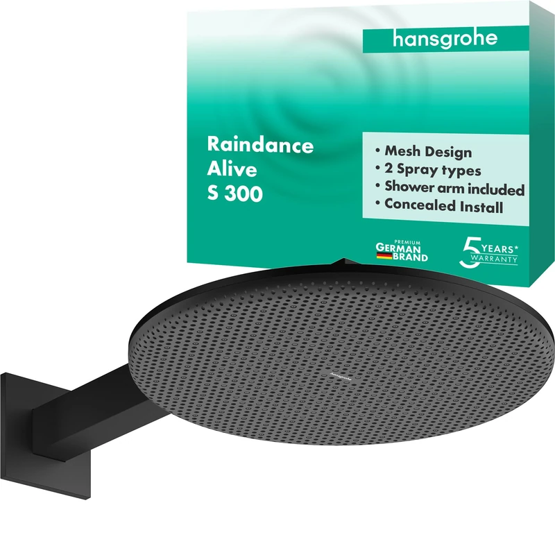 hansgrohe Raindance Alive S - Head Shower with Shower arm, Shower Head Round (300 mm), Rainfall Shower Head 2 Sprays (incl. PowderRain) for Wall mounting, Anti-limescale, matt Black, 24540670
