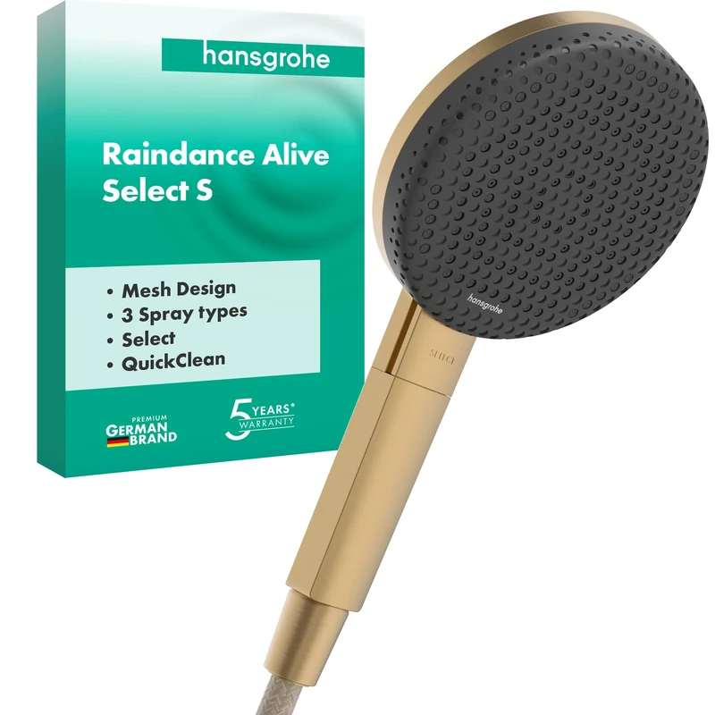 hansgrohe Raindance Alive Select S - Shower Head, Hand Shower Round (125 mm) with 3 Sprays (incl. PowderRain), with Anti-limescale Function, Brushed Bronze, 24500140