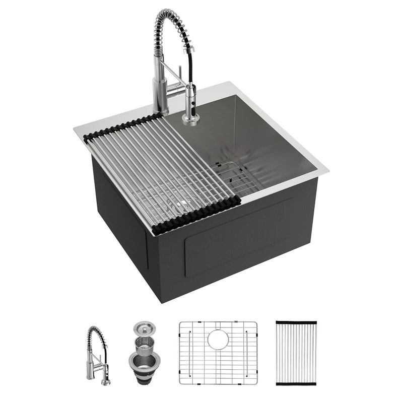 Lordear Drop in Laundry Sink with Faucet 22"x22"x12" Topmount Utility Sink 16 Gauge Stainless Steel Single Bowl for Laundry Room
