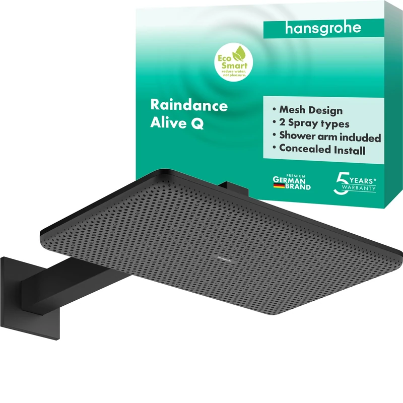 hansgrohe 24551670 Raindance Alive Q Overhead 210/340 2jet EcoSmart with Shower arm, Matt Black, 1 wassersparende Strahlart 6,6 l/min