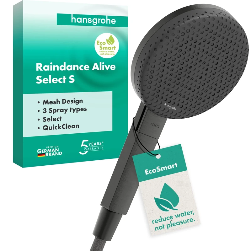 hansgrohe Raindance Alive Select S - Water-Saving Shower Head 7,1 l/min (EcoSmart), Hand Shower Round with 3 Sprays (incl. PowderRain), with Anti-limescale Function, Brushed Black Chrome, 24511340