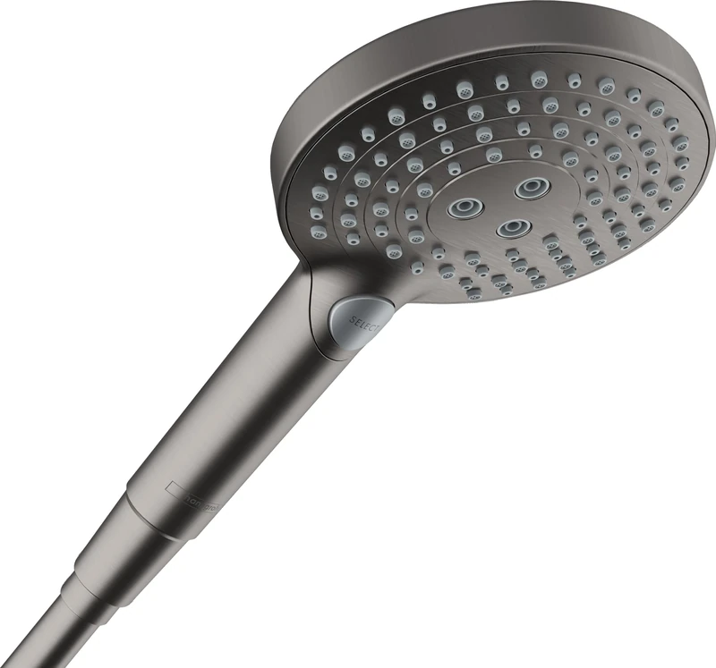 hansgrohe Raindance Select S - Water-Saving Shower Head 8 l/min (EcoSmart), Hand Shower Round (120 mm) with 3 Sprays (incl. PowderRain), with Anti-limescale Function, Brushed Black Chrome, 26515340