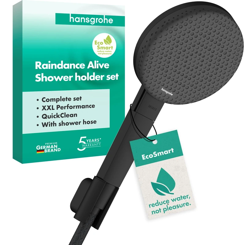 hansgrohe Raindance Alive Select S - Shower Set with Shower Head Water-Saving (EcoSmart, 3 Sprays incl. PowderRain), Shower Hose (1,60 m) and Shower Head Holder, matt Black, 24611670