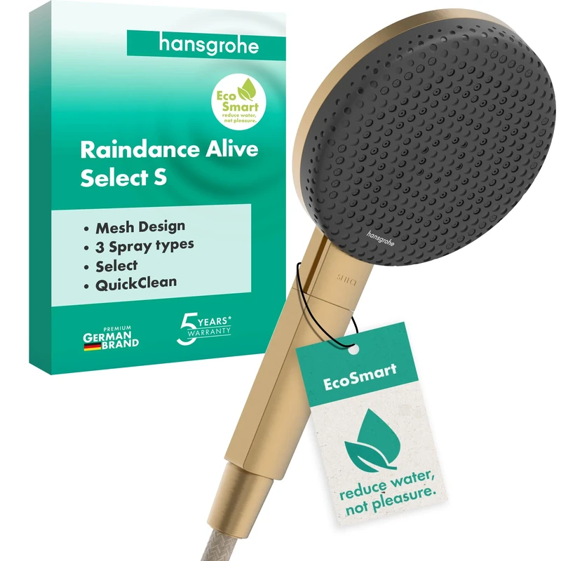 hansgrohe Raindance Alive Select S - Water-Saving Shower Head 7,1 l/min (EcoSmart), Hand Shower Round (125 mm) with 3 Sprays (incl. PowderRain), with Anti-limescale Function, Brushed Bronze, 24511140