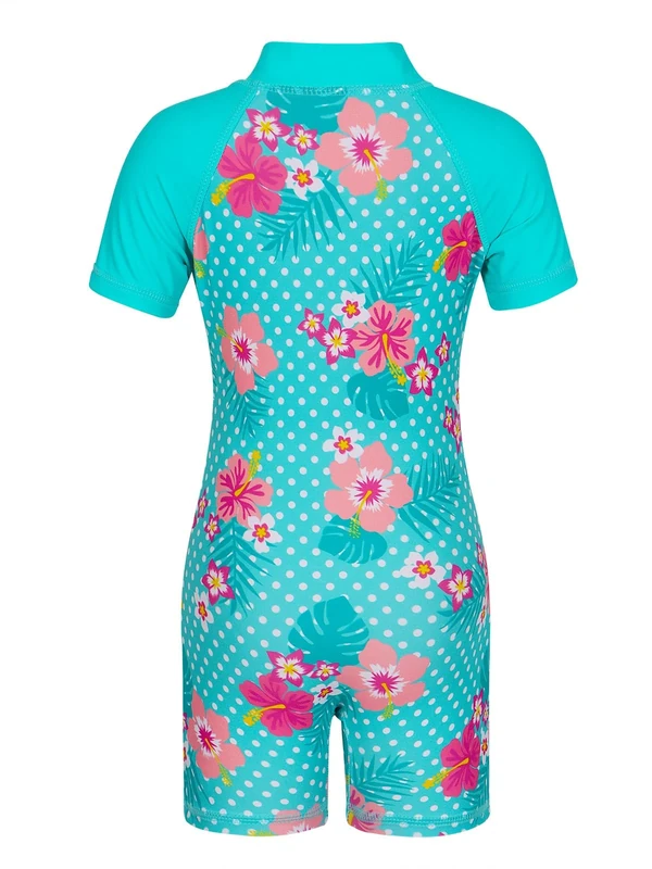 AmzBarley Girls Swimming Costume Kids One Piece Swimsuit Swimwear Zipper Swimsuits Short Sleeve Surfing Rash Guard Lake Blue Age 7-8 Years Size 130