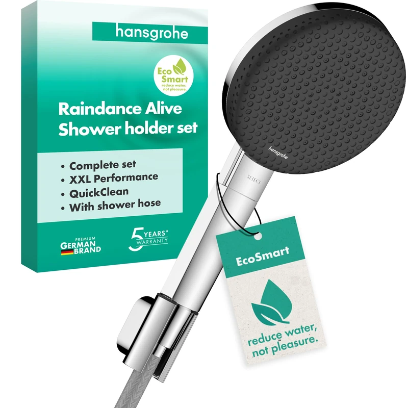 hansgrohe Raindance Alive Select S - Shower Set with Shower Head Water-Saving (EcoSmart, 3 Sprays incl. PowderRain), Shower Hose (1,60 m) and Shower Head Holder, Chrome, 24611000
