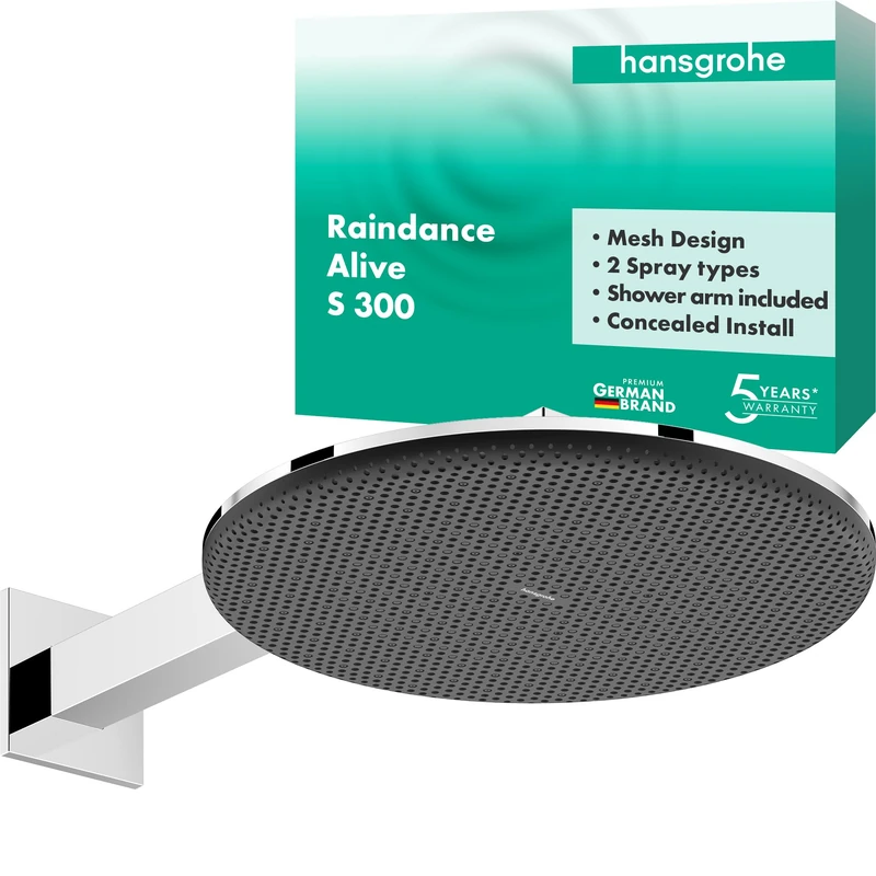 hansgrohe Raindance Alive S - Head Shower with Shower arm, Shower Head Round (300 mm), Rainfall Shower Head 2 Sprays (incl. PowderRain) for Wall mounting, Anti-limescale, Chrome, 24540000