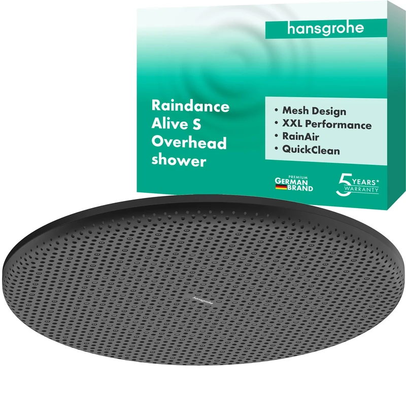 hansgrohe Raindance Alive S - Head Shower, Shower Head Round (300 mm), Rainfall Shower Head 1 Spray (PowderRain) for Wall or Ceiling mounting, Anti-limescale, matt Black, 24520670