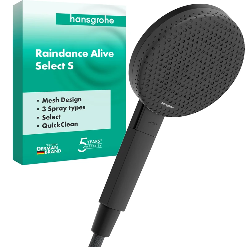 hansgrohe Raindance Alive Select S - Shower Head, Hand Shower Round (125 mm) with 3 Sprays (incl. PowderRain), with Anti-limescale Function, matt Black, 24500670