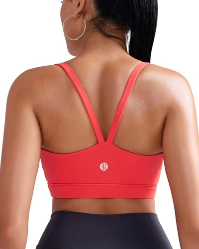 RUNNING GIRL Light Impact Sports Bras for Women, Molded Cup Thin Strappy Sports Bra with Sewn in Pads, Red, S