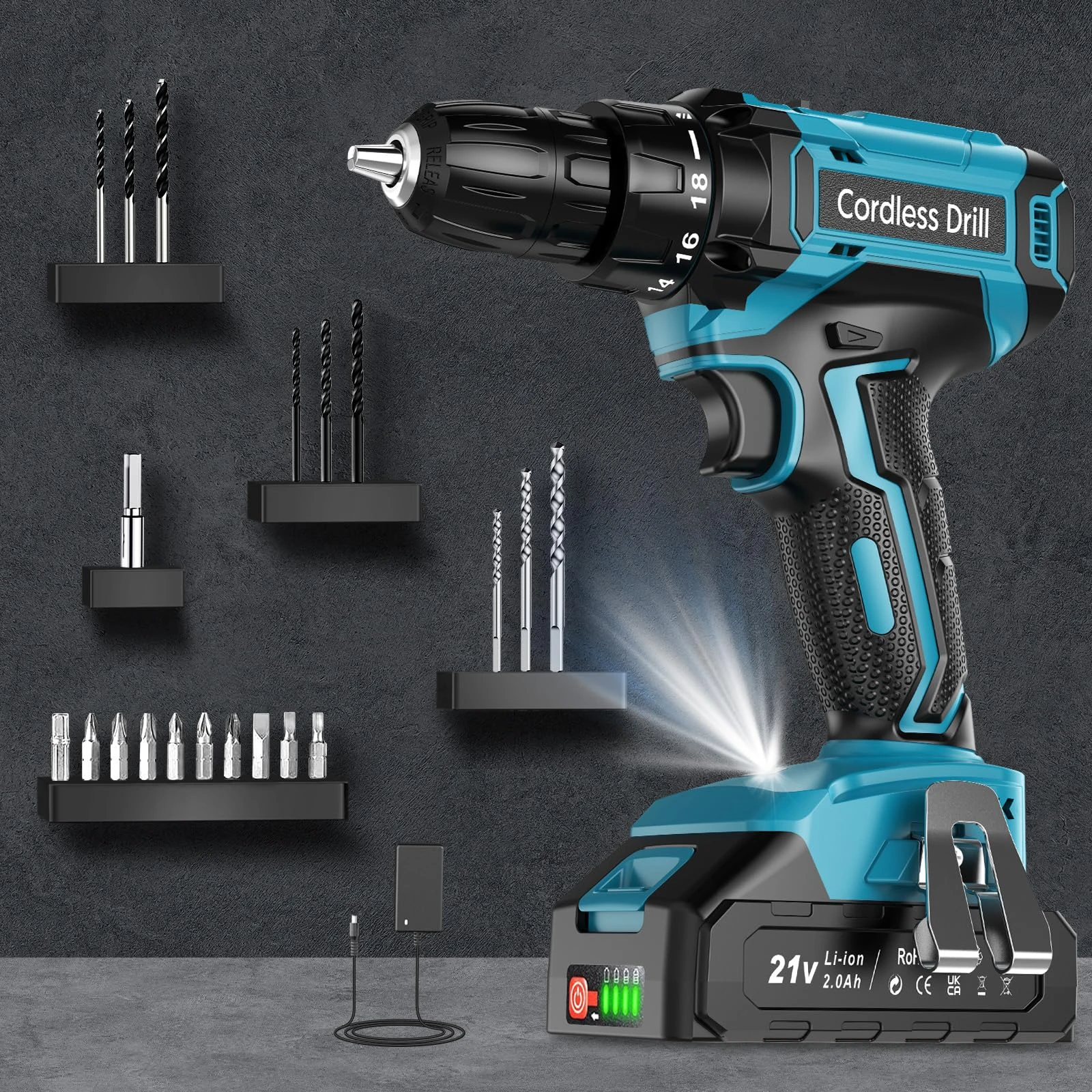 Cordless Drill, LEEIKOO Electric Drill Set 21V with 2.0Ah Battery, Power Drill 42N.m Max Torque, 18+1 Torque Settings, 2 Speed, 20PCS Drill Set, 10mm Chuck & LED Light for Home & Garden DIY