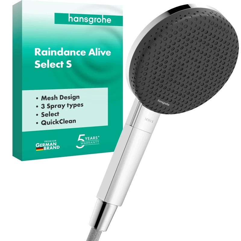 hansgrohe Raindance Alive Select S - Shower Head, Hand Shower Round (125 mm) with 3 Sprays (incl. PowderRain), with Anti-limescale Function, Chrome, 24500000