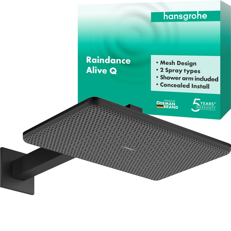 hansgrohe 24550670 Raindance Alive Q Overhead 210/340 2jet with Shower arm, Matt Black, 1 Strahlart