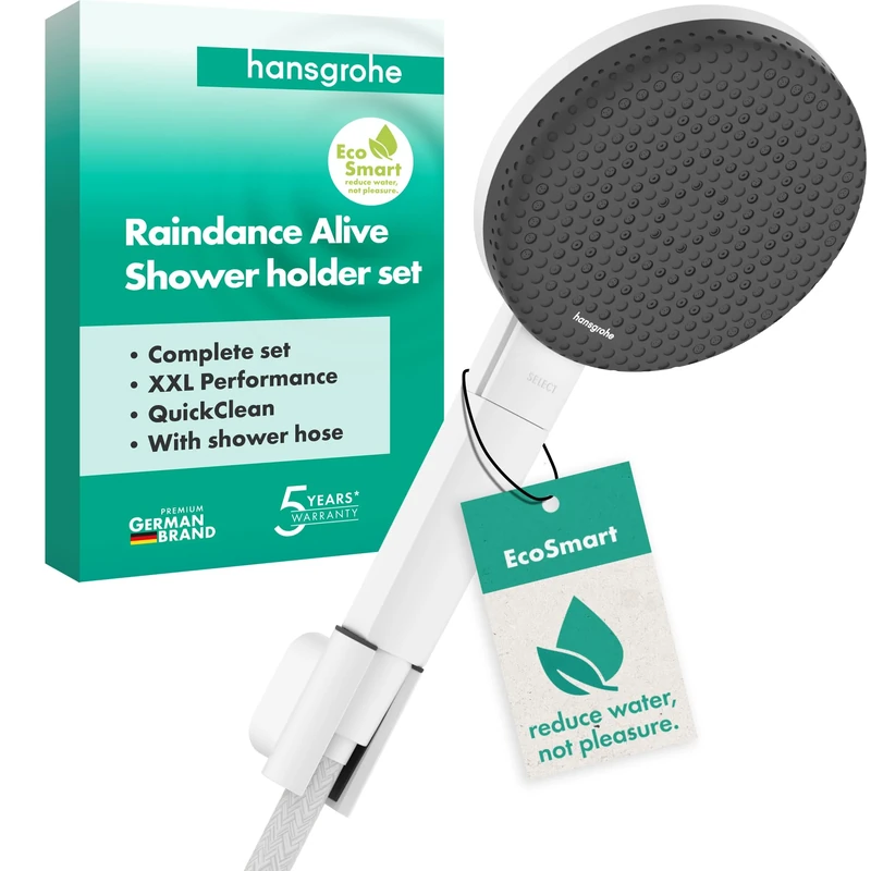 hansgrohe Raindance Alive Select S - Shower Set with Shower Head Water-Saving (EcoSmart, 3 Sprays incl. PowderRain), Shower Hose (1,60 m) and Shower Head Holder, matt White, 24611700
