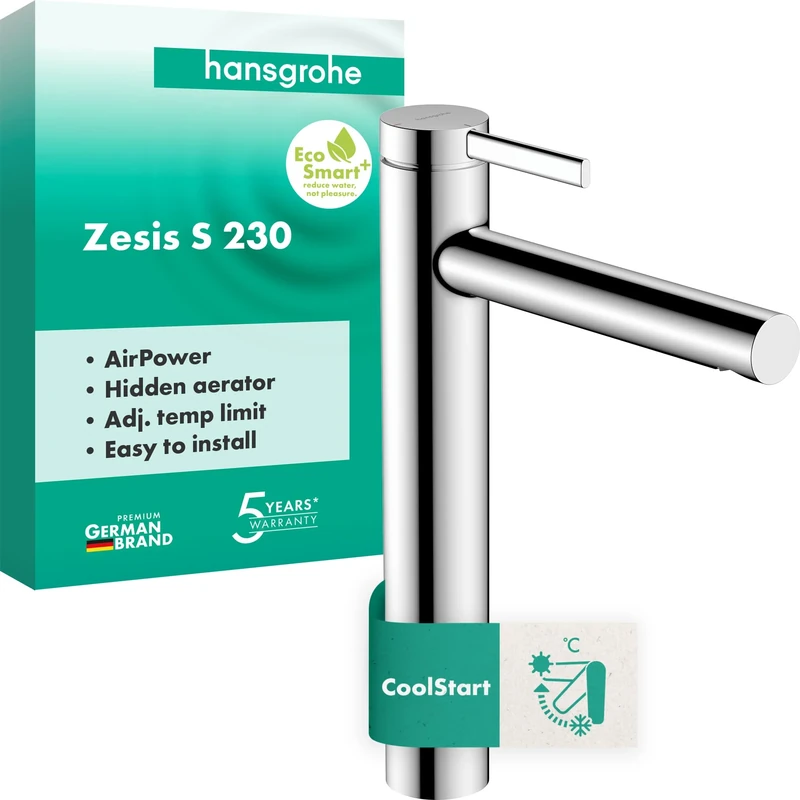 hansgrohe Zesis S - Bathroom tap Without Waste, Energy-Saving (CoolStart), Bathroom Sink tap with spout Height 230 mm, Basin Mixer tap Water-Saving (EcoSmart+), Chrome, 74731000