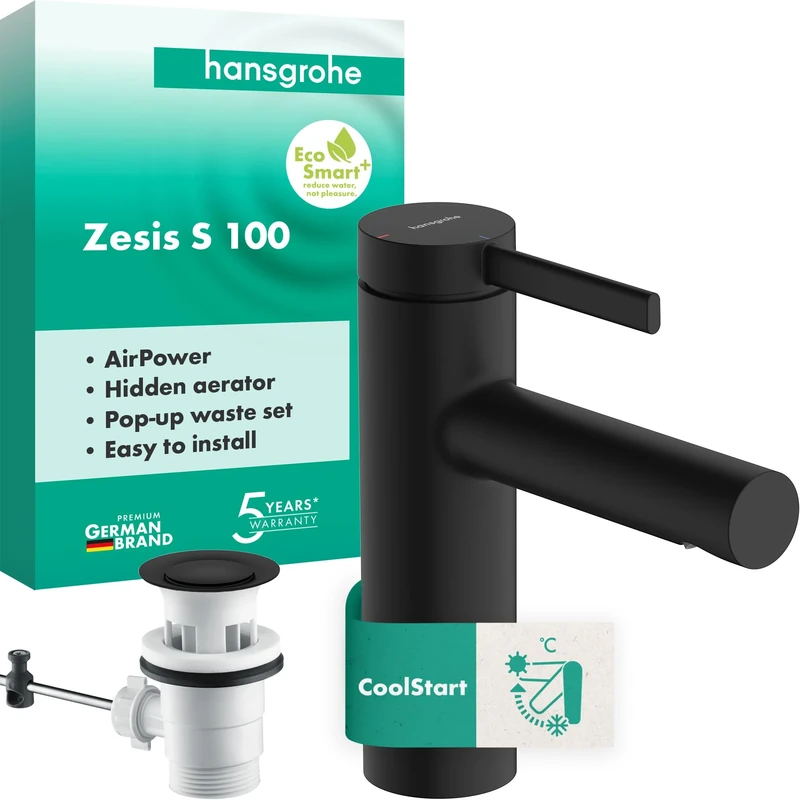 hansgrohe Zesis S - Bathroom tap with pop-up Waste Set, Energy-Saving (CoolStart), Bathroom Sink tap with spout Height 104 mm, Basin Mixer tap Water-Saving (EcoSmart+), matt Black, 74720670