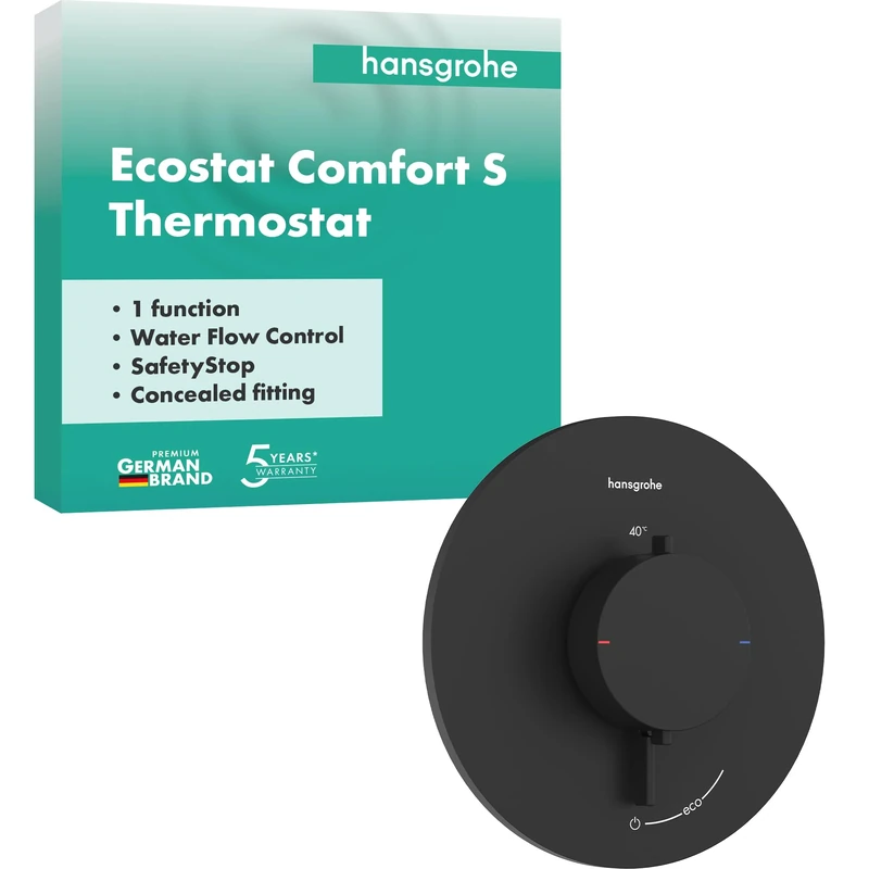 hansgrohe Ecostat Comfort S - Thermostat Concealed, Thermostatic Mixer with Safety Stop at 40 °C, Thermostat Round, Mixer tap for 1 Function, matt Black, 33714670