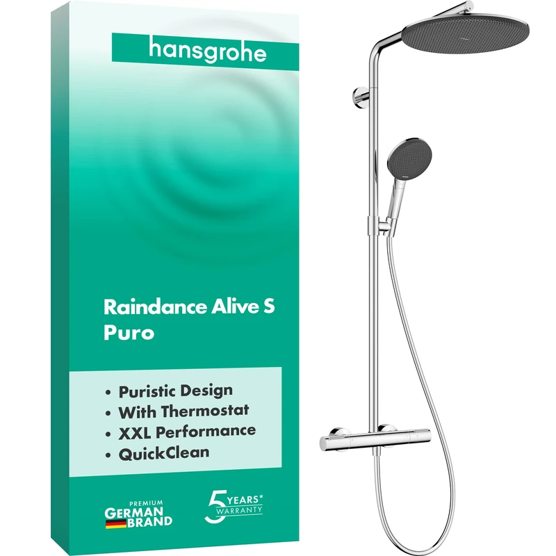 hansgrohe Raindance Alive S Puro - Shower System with Thermostat, Hand Shower (3 Sprays incl. PowderRain), Hose, Rail and Overhead Rainfall (300 mm), Chrome, 24592000