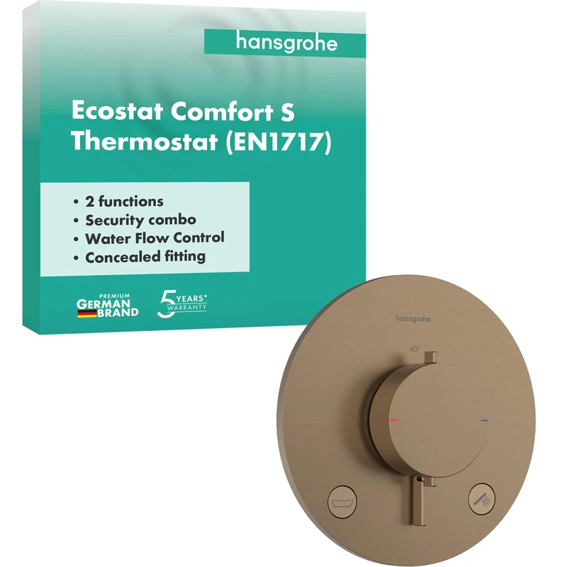 hansgrohe Ecostat Comfort S - Thermostat Concealed with Security Combination, Thermostatic Mixer with Safety Stop at 40 °C, Thermostat Round, Mixer tap for 2 Functions, Brushed Bronze, 33718140