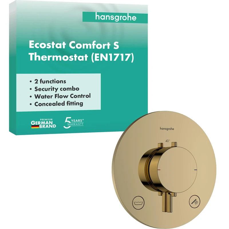 hansgrohe Ecostat Comfort S - Thermostat Concealed with Security Combination, Thermostatic Mixer with Safety Stop at 40 °C, Thermostat Round, Mixer tap for 2 Functions, Polished Gold Optic, 33718990