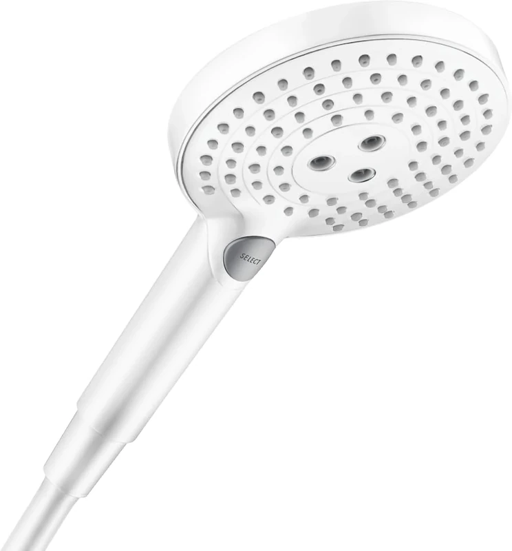 hansgrohe Raindance Select S - Water-Saving Shower Head 5,7 l/min (EcoSmart+), Hand Shower Round (120 mm) with 3 Sprays (incl. PowderRain), with Anti-limescale Function, matt White, 26516700