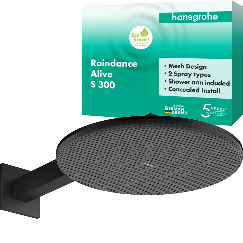 hansgrohe Raindance Alive S - Water-Saving Head Shower (EcoSmart) with Shower arm, Shower Head Round (300 mm), Rainfall Shower Head 2 Sprays for Wall mounting, Anti-limescale, matt Black, 24541670