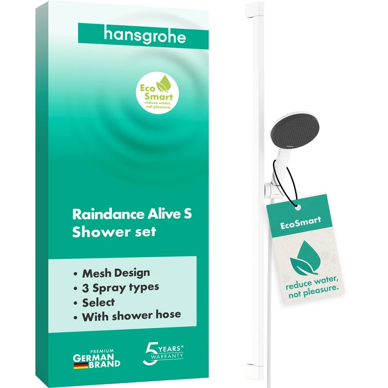 Hansgrohe 24601700 Raindance Alive Select S Set 125 3jet EcoSmart bar Unica E Puro 90 cm and Easy Slide Hand Shower Holder, matt White